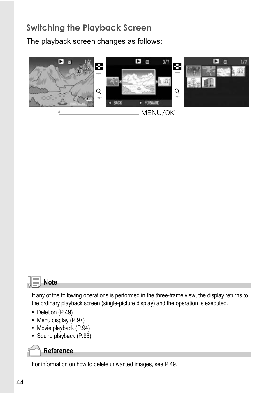 Switching the playback screen | Ricoh Caplio R40 User Manual | Page 46 / 185