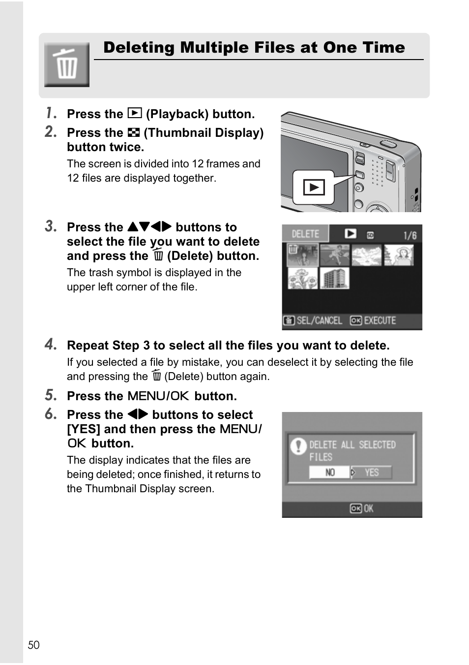 Deleting multiple files at one time 1 | Ricoh Caplio R40 User Manual | Page 52 / 185