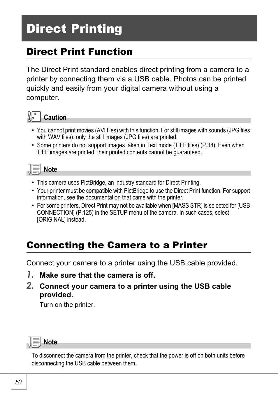 Direct printing, Direct print function, Connecting the camera to a printer | Ricoh Caplio R40 User Manual | Page 54 / 185