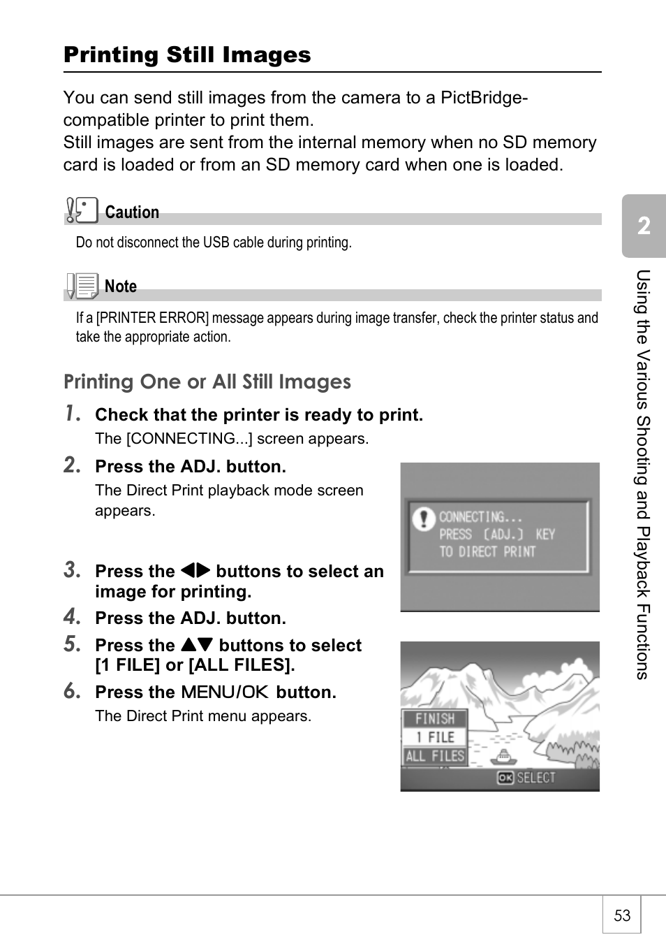 Printing still images | Ricoh Caplio R40 User Manual | Page 55 / 185