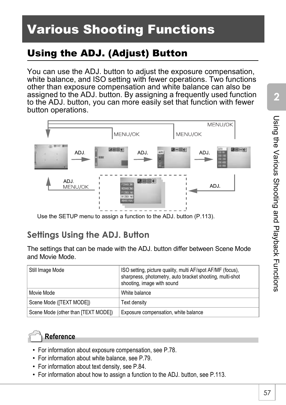 Various shooting functions, Using the adj. (adjust) button, Settings using the adj. button | Ricoh Caplio R40 User Manual | Page 59 / 185