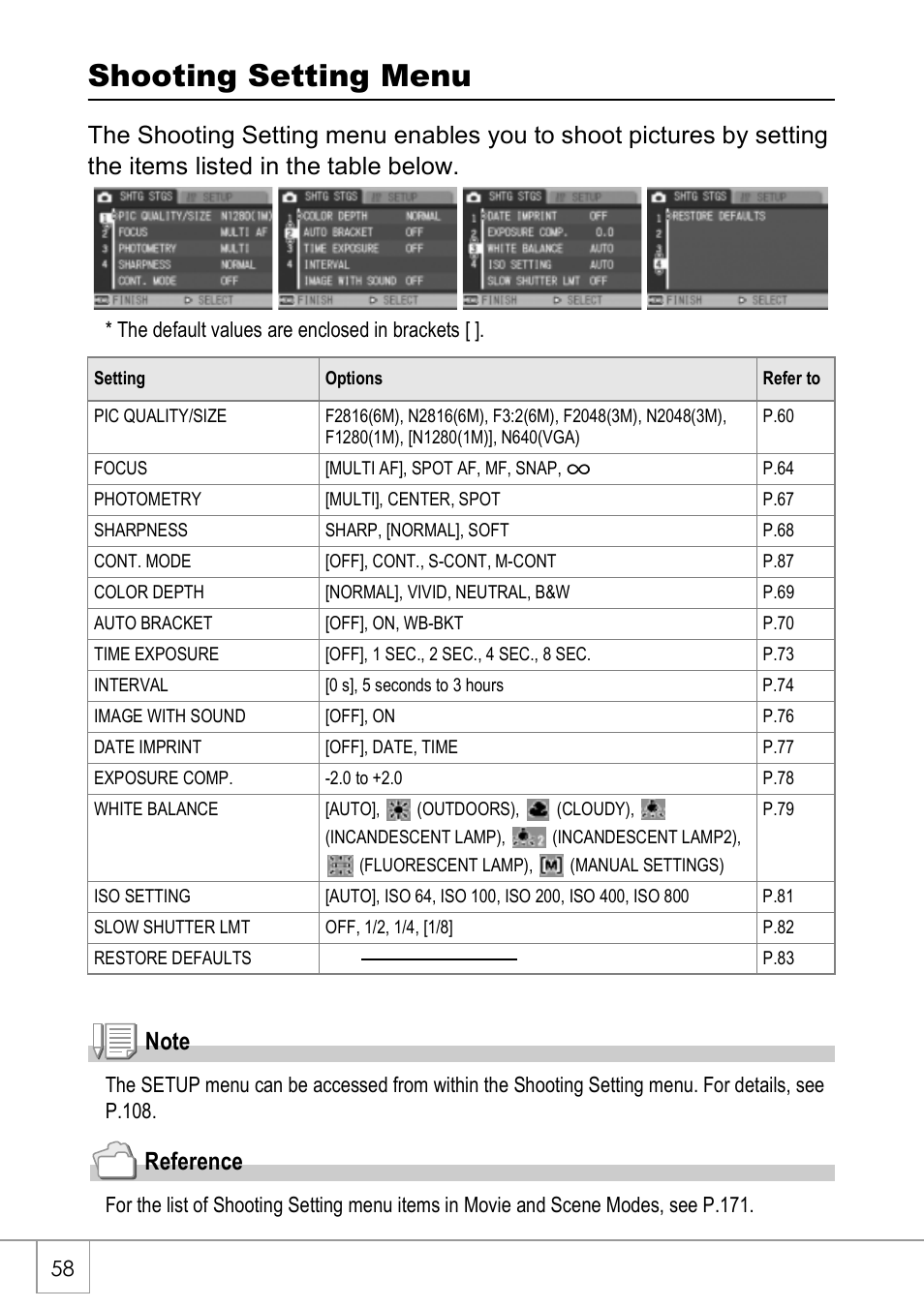 Shooting setting menu, Reference | Ricoh Caplio R40 User Manual | Page 60 / 185