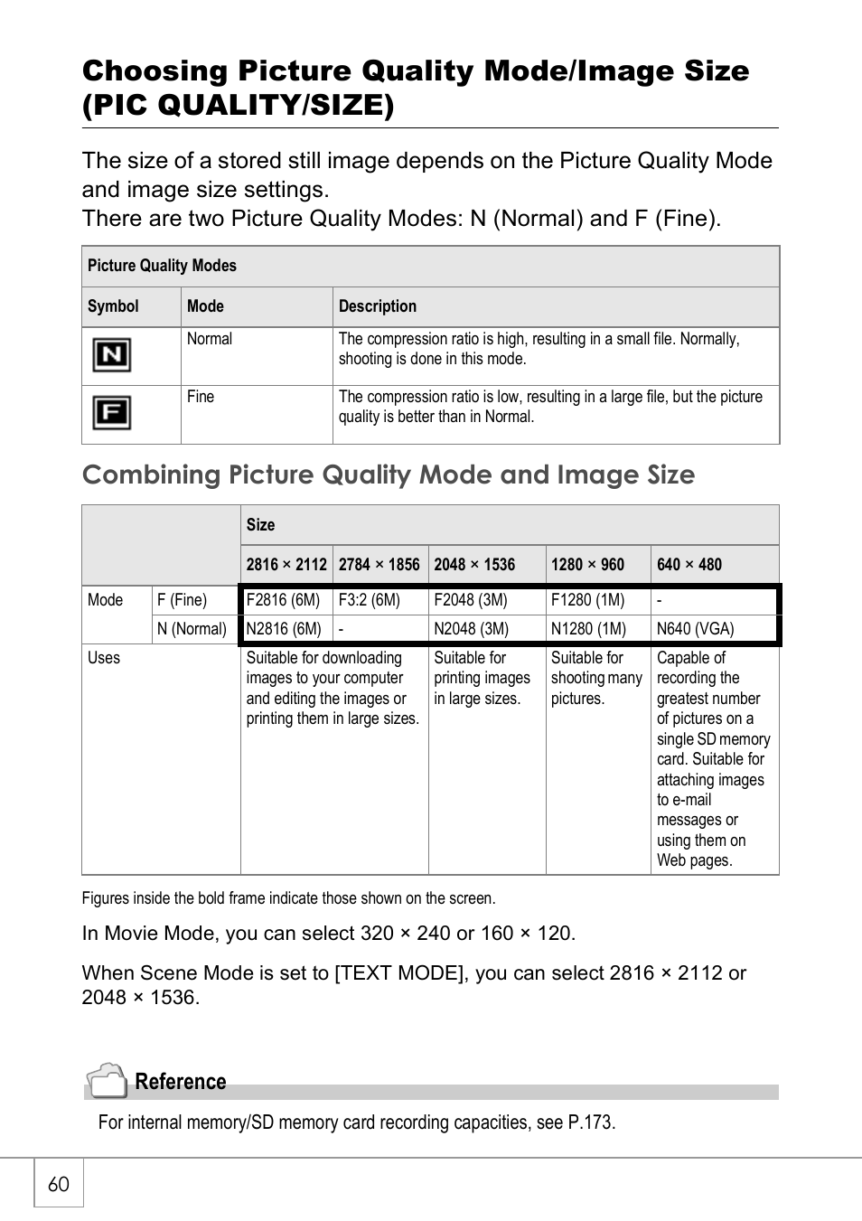 Combining picture quality mode and image size, Reference | Ricoh Caplio R40 User Manual | Page 62 / 185