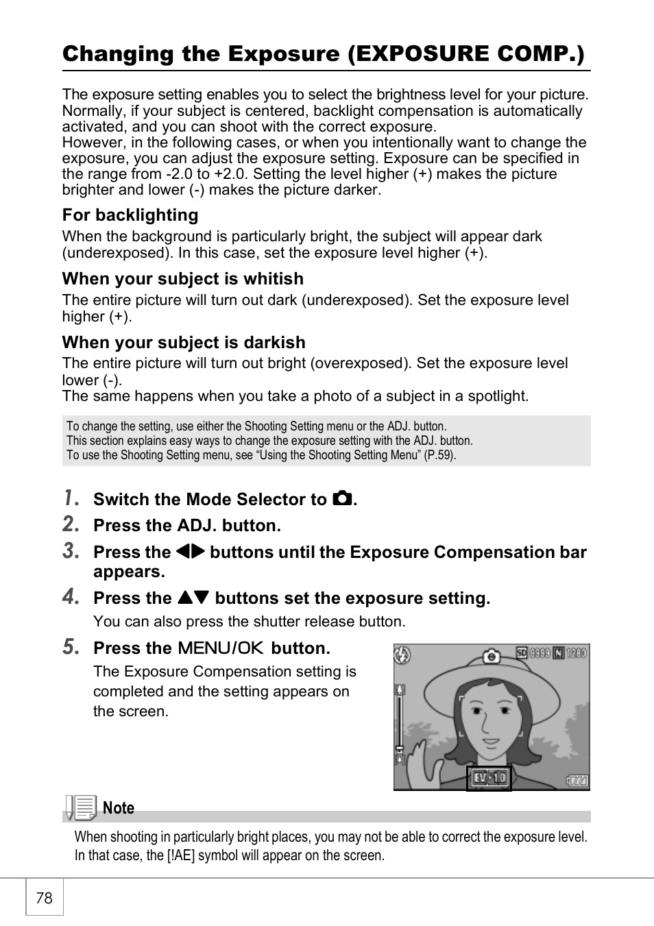 Changing the exposure (exposure comp.) | Ricoh Caplio R40 User Manual | Page 80 / 185