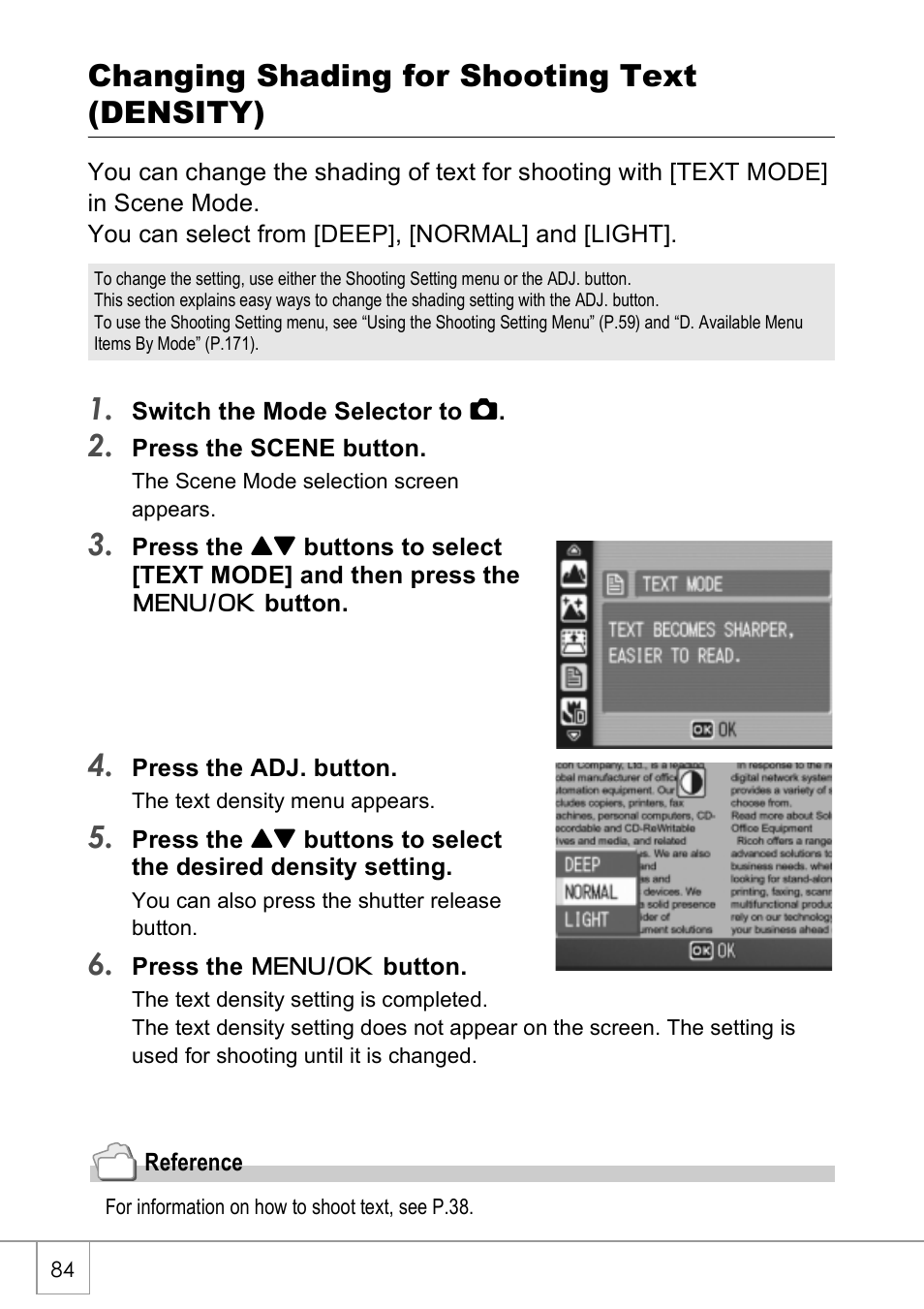 Changing shading for shooting text (density) | Ricoh Caplio R40 User Manual | Page 86 / 185