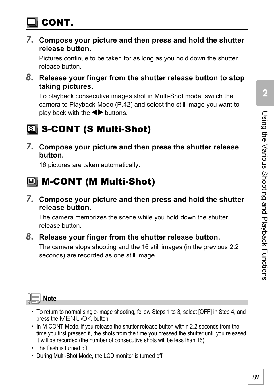 Cont. 7, S-cont (s multi-shot) 7, M-cont (m multi-shot) 7 | Ricoh Caplio R40 User Manual | Page 91 / 185