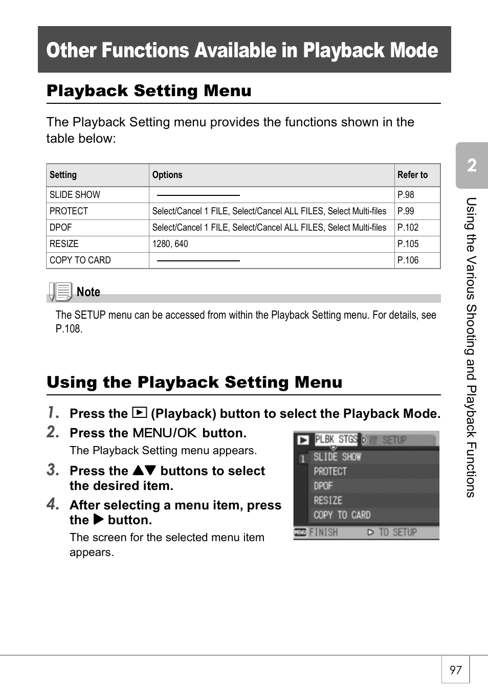 Other functions available in playback mode, Playback setting menu, Using the playback setting menu 1 | Ricoh Caplio R40 User Manual | Page 99 / 185