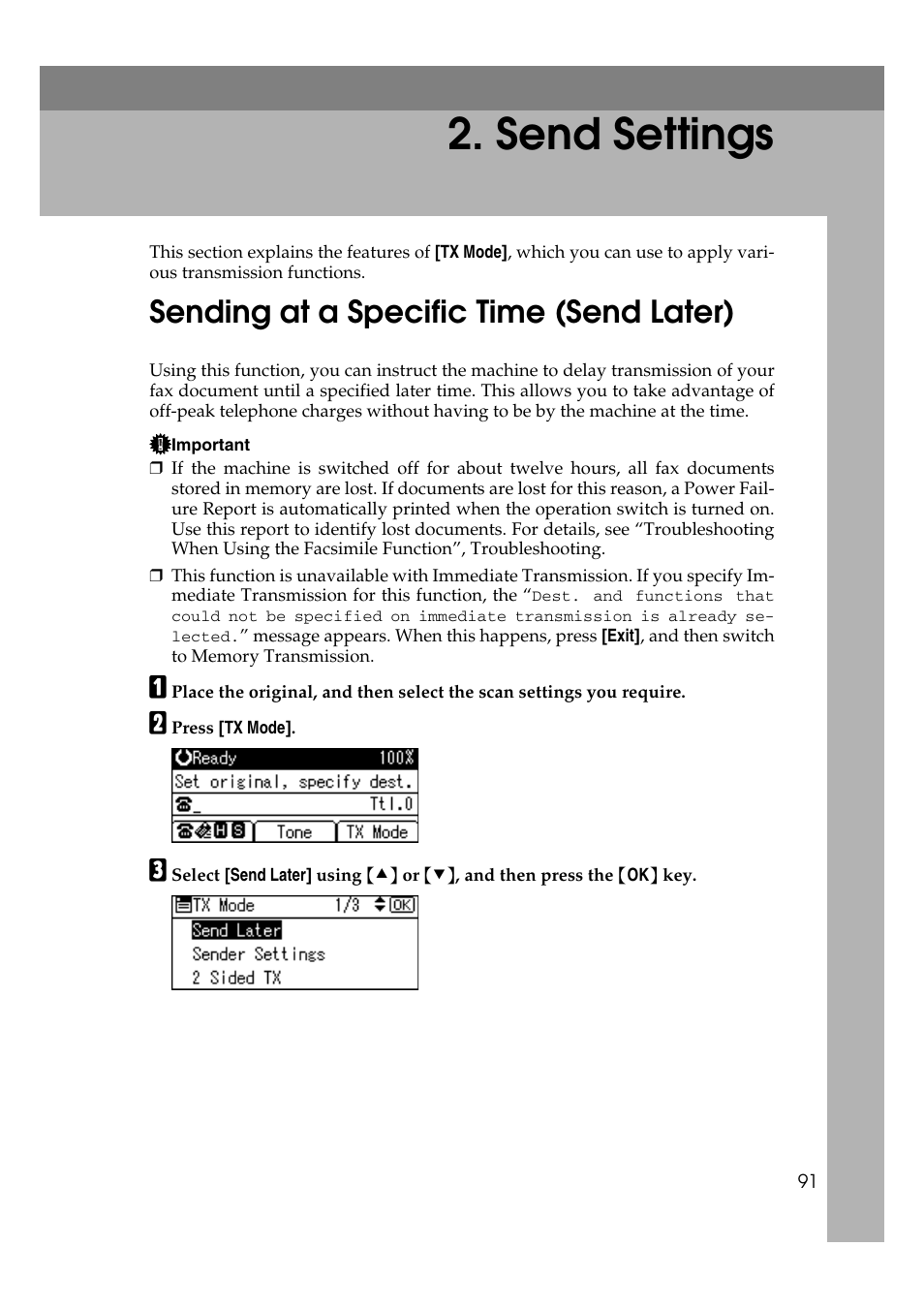  send settings, Sending at a specific time (send later), Send settings | Ricoh 2000 User Manual | Page 101 / 204