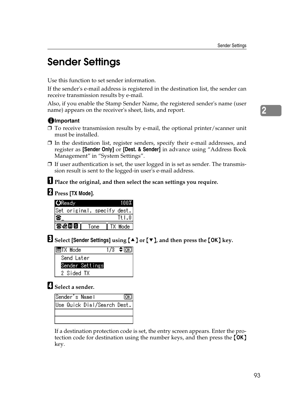 Sender settings, P.93 “sender settings, 2sender settings | Ricoh 2000 User Manual | Page 103 / 204