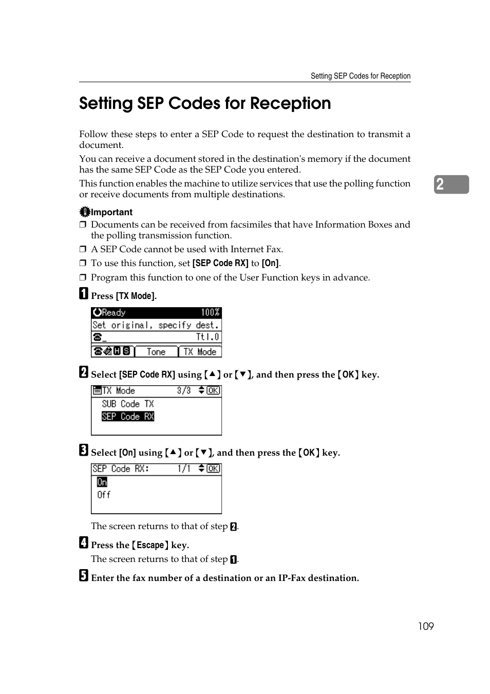 Setting sep codes for reception, 2setting sep codes for reception | Ricoh 2000 User Manual | Page 119 / 204