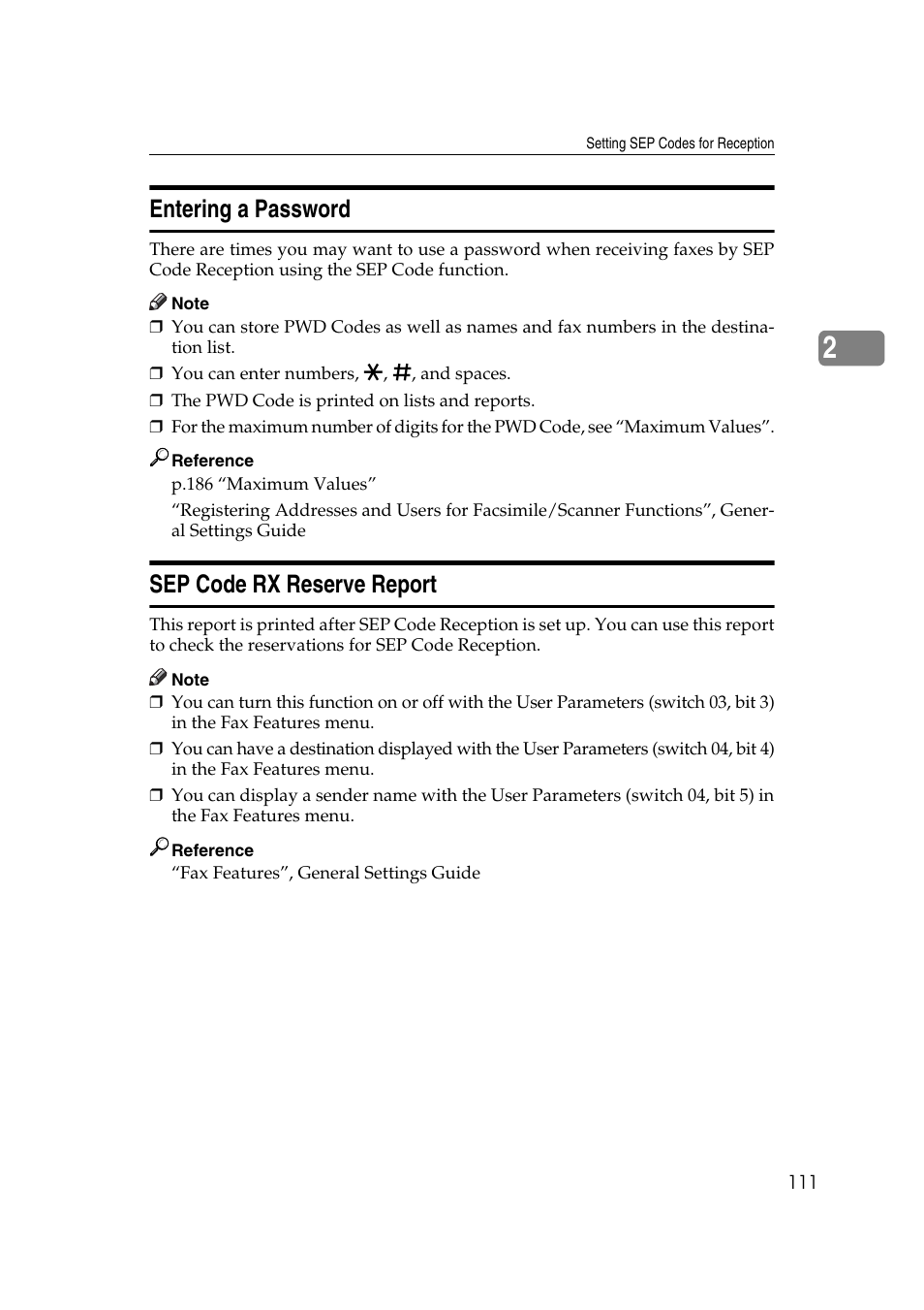 Entering a password, Sep code rx reserve report, Entering a password sep code rx reserve report | Ricoh 2000 User Manual | Page 121 / 204