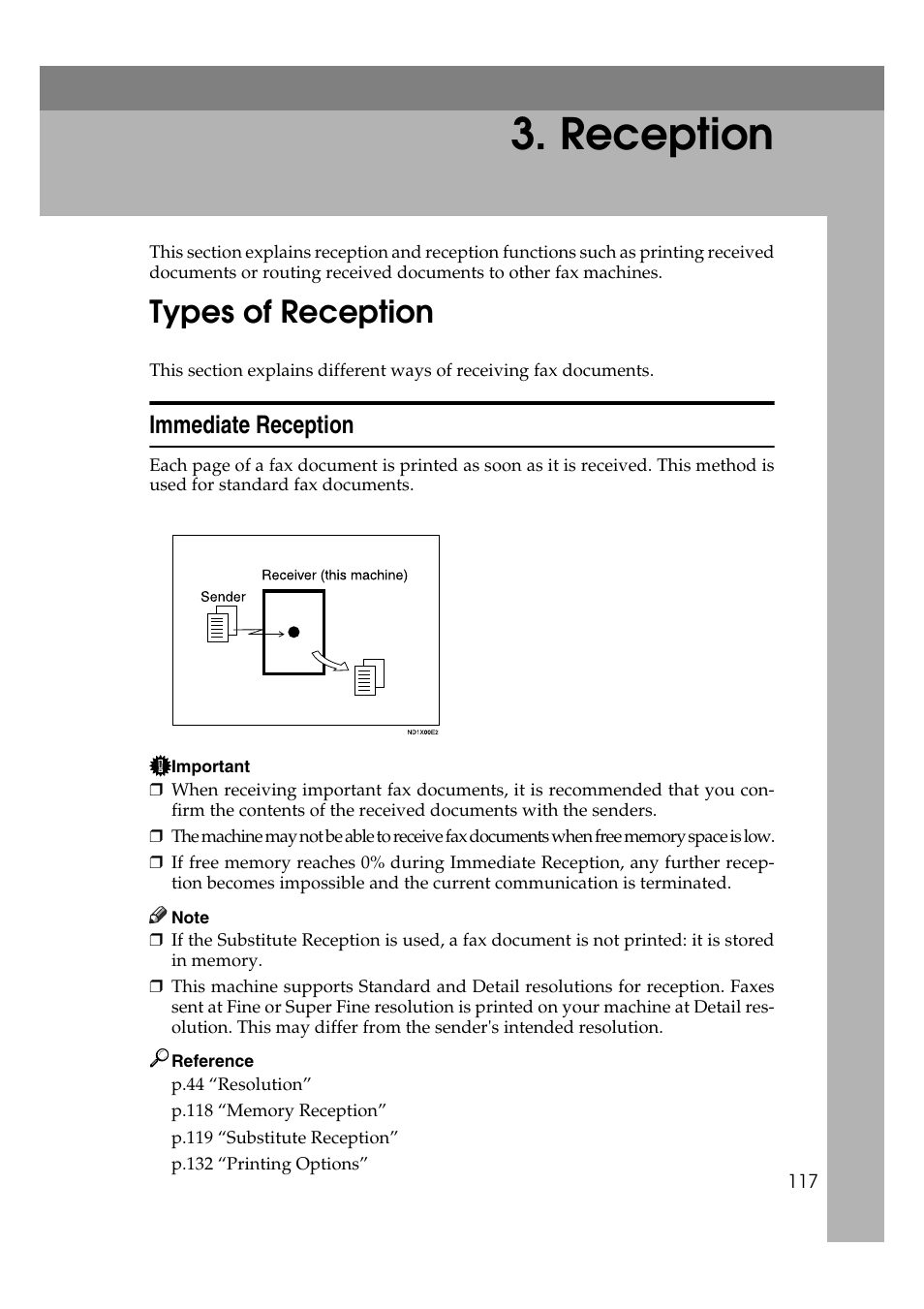  reception, Types of reception, Immediate reception | Reception | Ricoh 2000 User Manual | Page 127 / 204