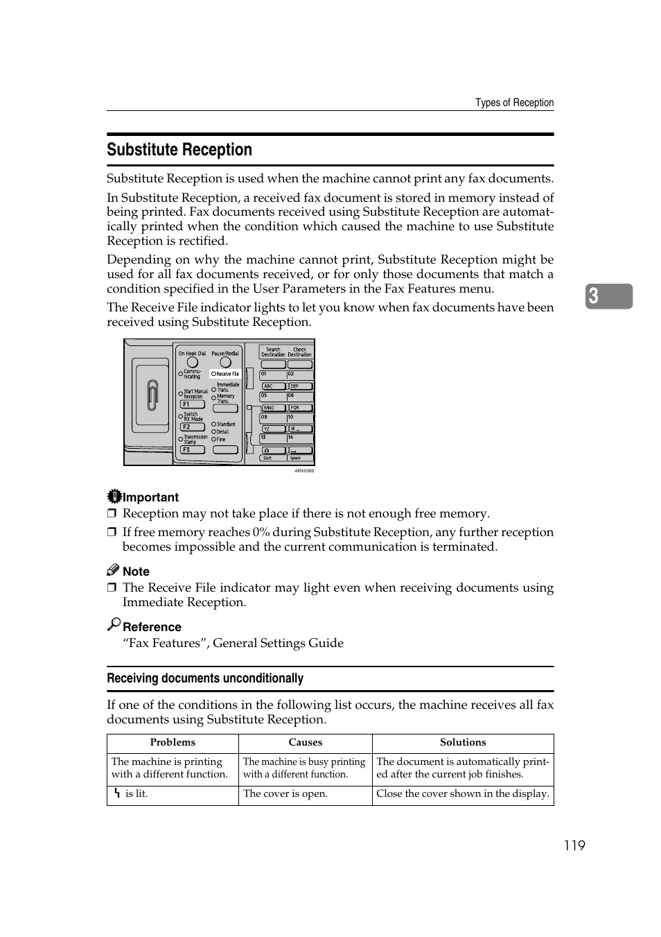 Substitute reception, Receiving documents unconditionally, P.119 “substitute reception | Ricoh 2000 User Manual | Page 129 / 204