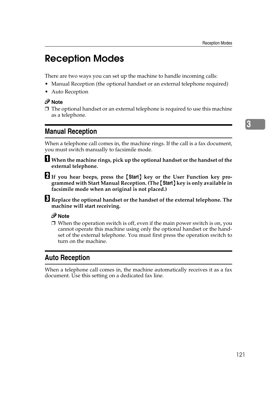 Reception modes, Manual reception, Auto reception | Manual reception auto reception, 3reception modes | Ricoh 2000 User Manual | Page 131 / 204