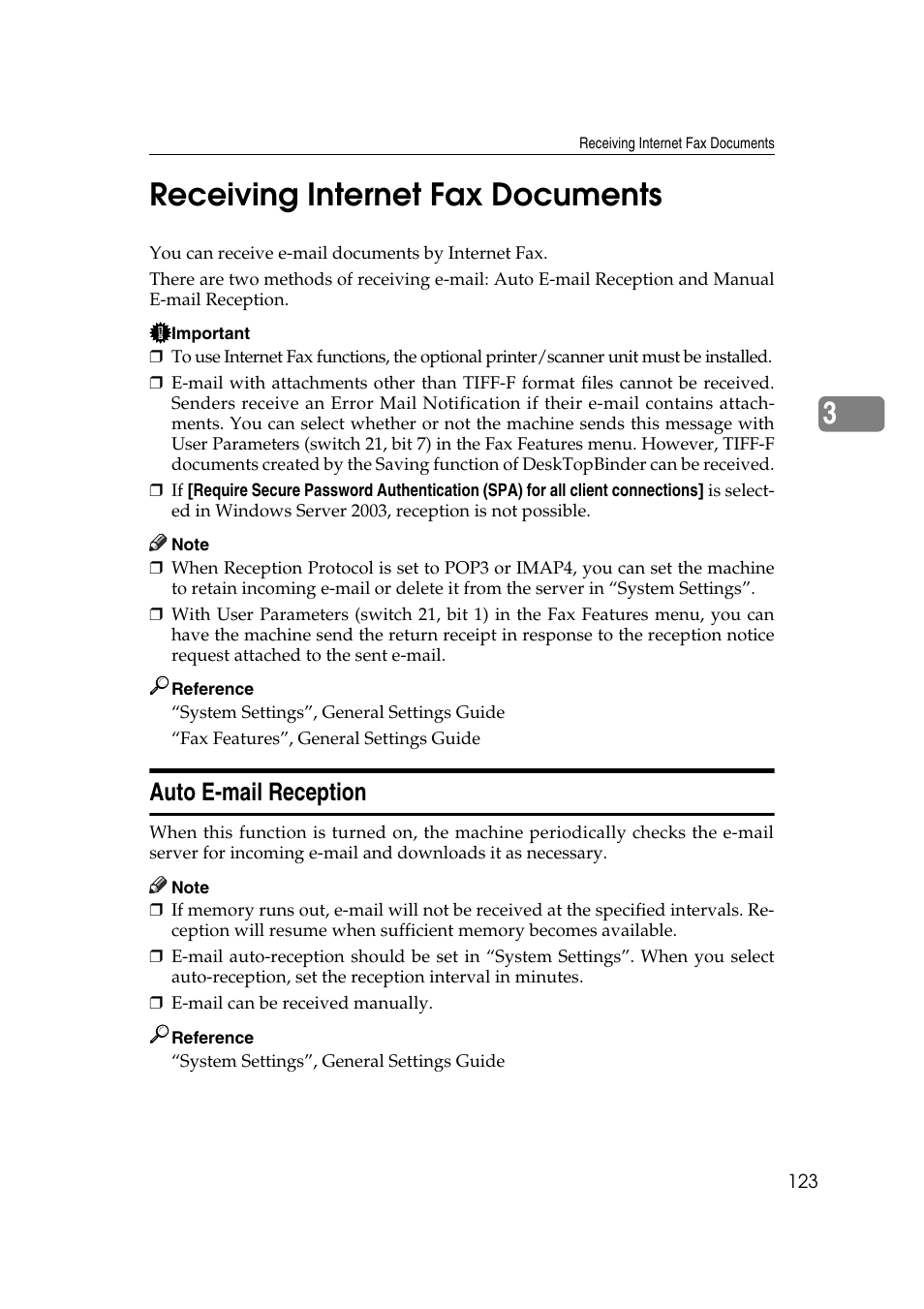 Receiving internet fax documents, Auto e-mail reception, 3receiving internet fax documents | Ricoh 2000 User Manual | Page 133 / 204