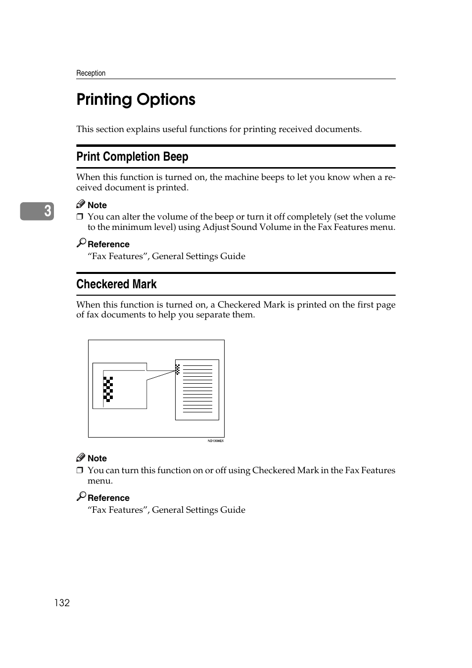 Printing options, Print completion beep, Checkered mark | Print completion beep checkered mark, P.132 “printing options, 3printing options | Ricoh 2000 User Manual | Page 142 / 204