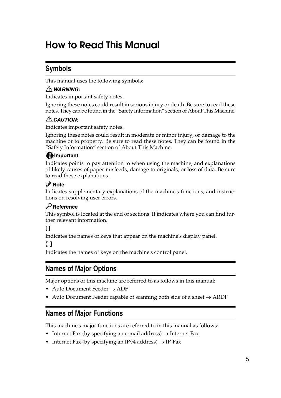 How to read this manual, Symbols, Names of major options | Names of major functions | Ricoh 2000 User Manual | Page 15 / 204