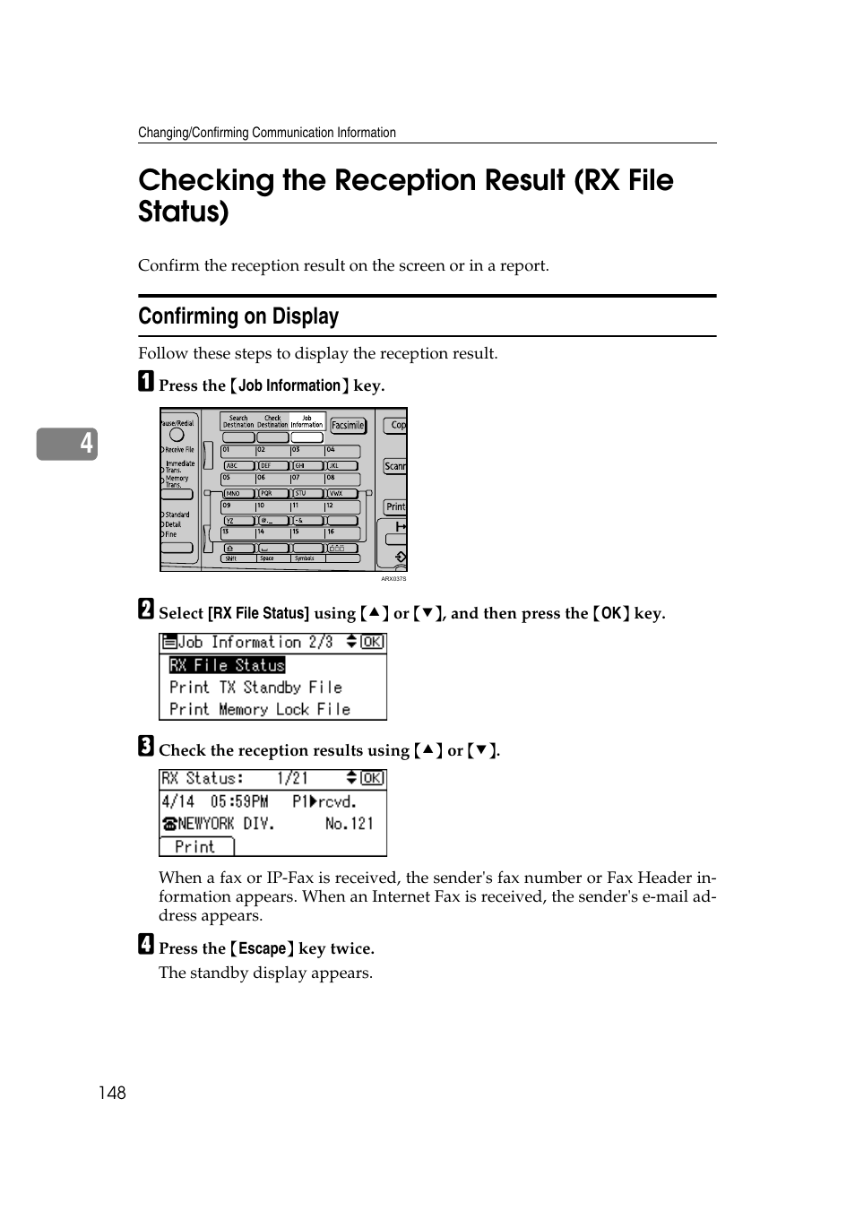 Checking the reception result (rx file status), Confirming on display, 4checking the reception result (rx file status) | Ricoh 2000 User Manual | Page 158 / 204