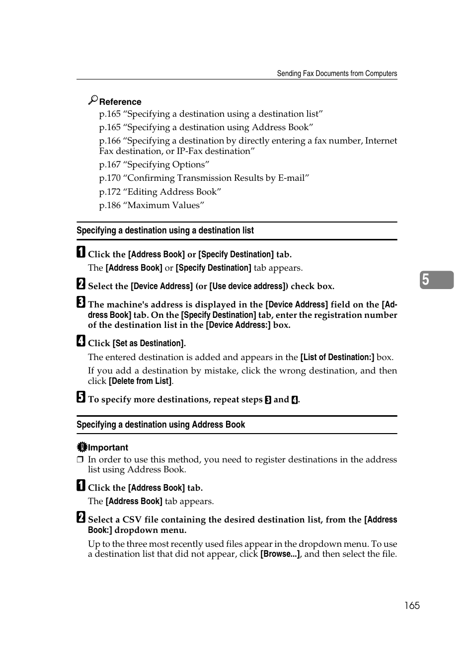 Specifying a destination using a destination list, Specifying a destination using address book | Ricoh 2000 User Manual | Page 175 / 204