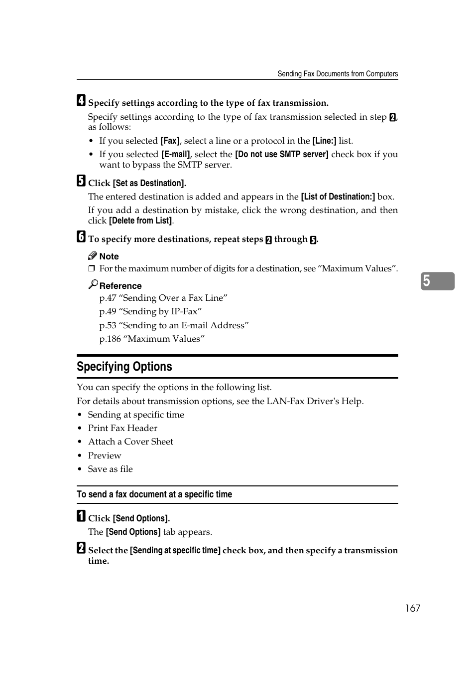 Specifying options, To send a fax document at a specific time, P.167 “specifying options | Ricoh 2000 User Manual | Page 177 / 204