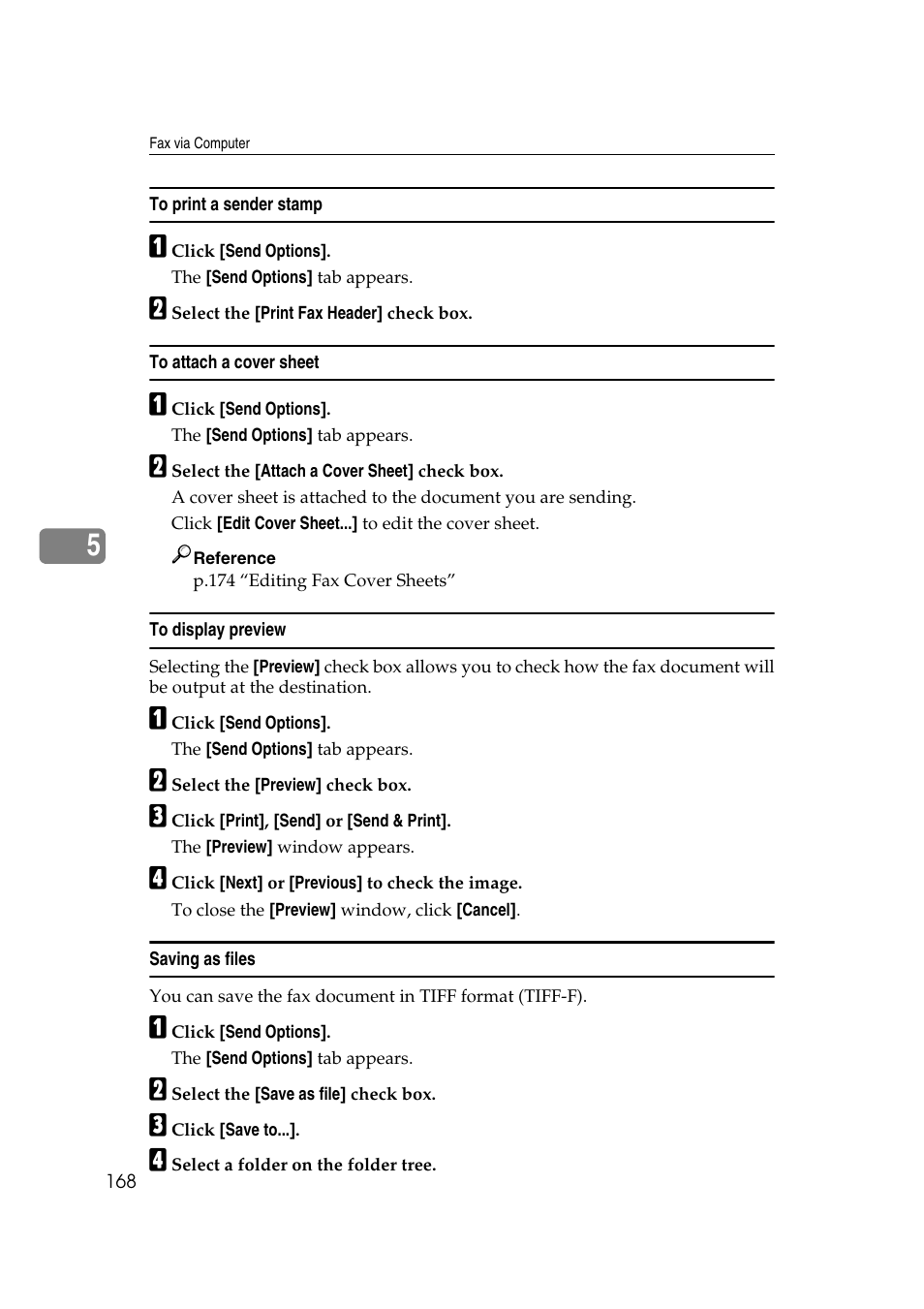 To print a sender stamp, To attach a cover sheet, To display preview | Saving as files | Ricoh 2000 User Manual | Page 178 / 204