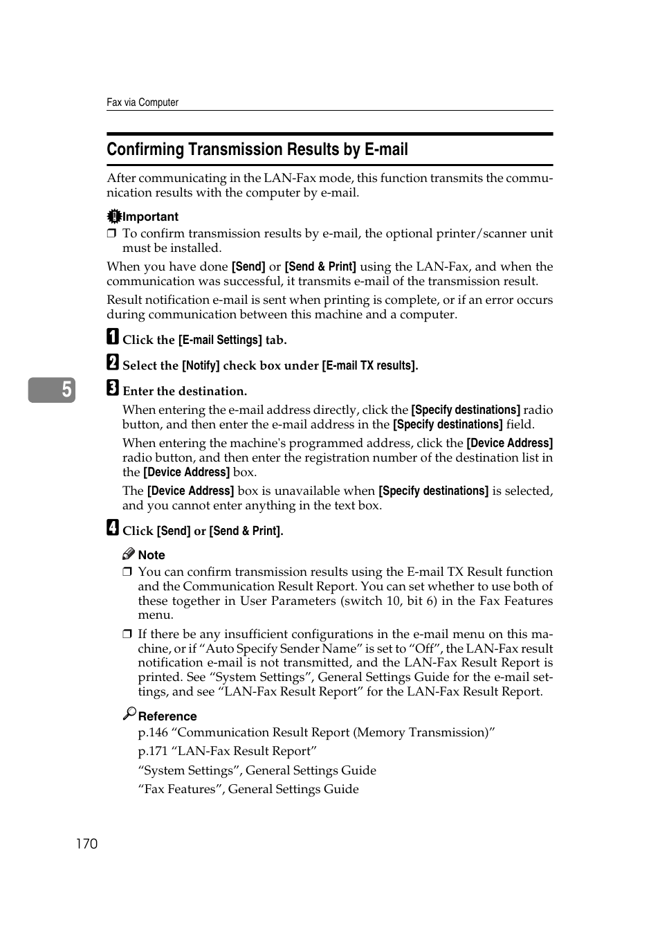 Confirming transmission results by e-mail, P.170 “confirming transmission results by e-mail | Ricoh 2000 User Manual | Page 180 / 204