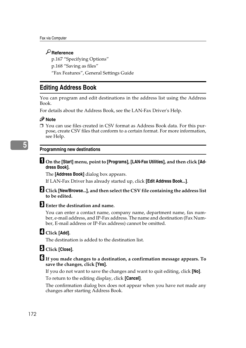 Editing address book, Programming new destinations, P.172 “editing address book | Ricoh 2000 User Manual | Page 182 / 204