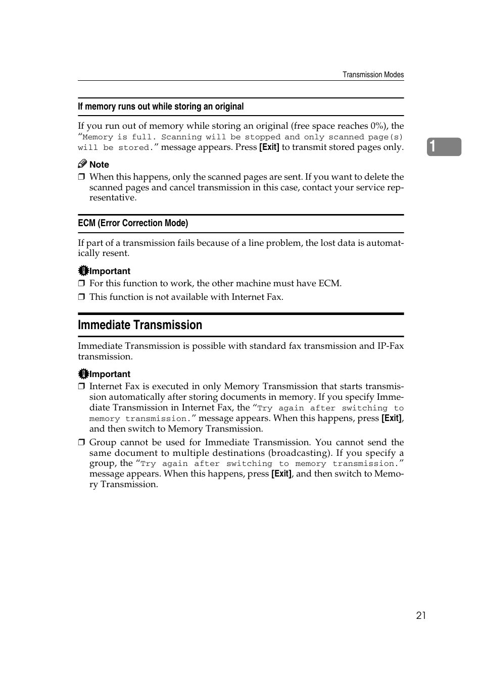 If memory runs out while storing an original, Ecm (error correction mode), Immediate transmission | Ricoh 2000 User Manual | Page 31 / 204