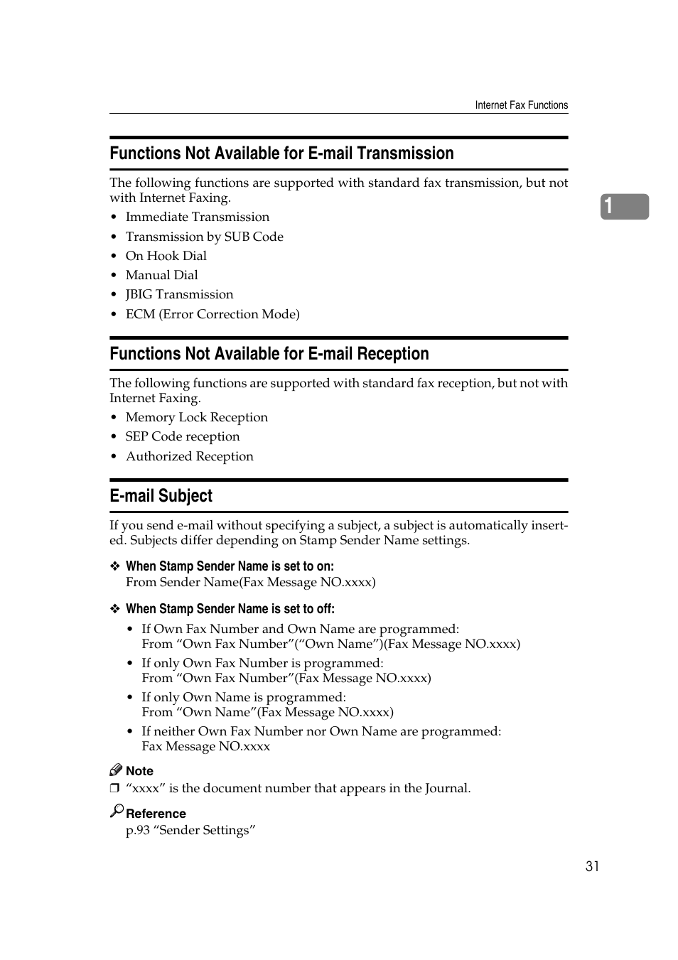 Functions not available for e-mail transmission, Functions not available for e-mail reception, E-mail subject | Ricoh 2000 User Manual | Page 41 / 204