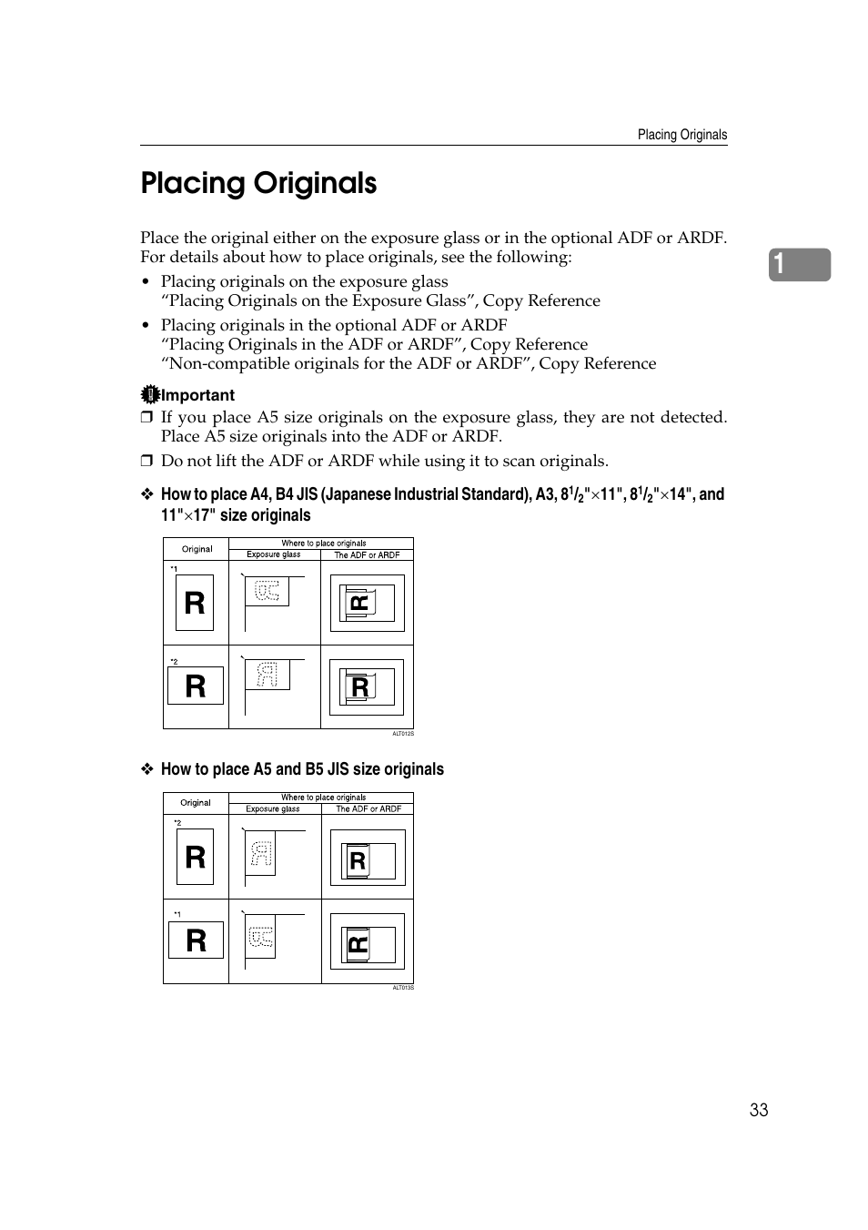 Placing originals, 1placing originals | Ricoh 2000 User Manual | Page 43 / 204