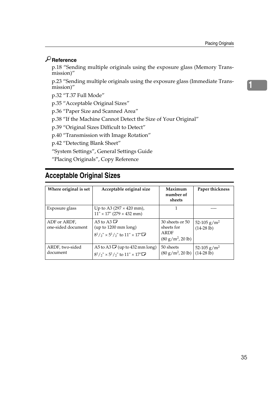 Acceptable original sizes | Ricoh 2000 User Manual | Page 45 / 204