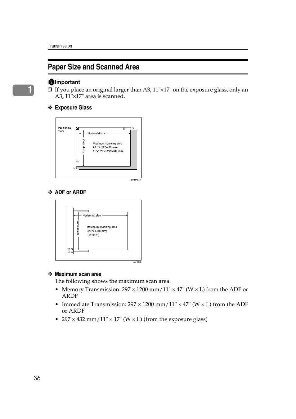 Paper size and scanned area, P.36 “paper size and scanned area | Ricoh 2000 User Manual | Page 46 / 204