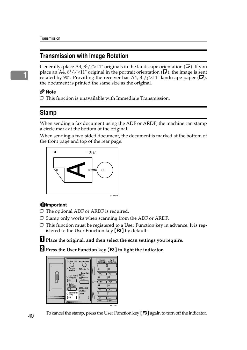 Transmission with image rotation, Stamp, Transmission with image rotation stamp | P.40 “transmission with image rotation | Ricoh 2000 User Manual | Page 50 / 204