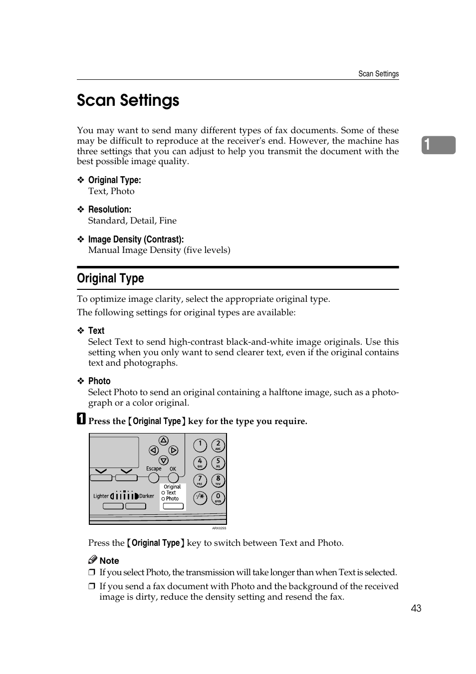 Scan settings, Original type, P.43 “original type | 1scan settings | Ricoh 2000 User Manual | Page 53 / 204