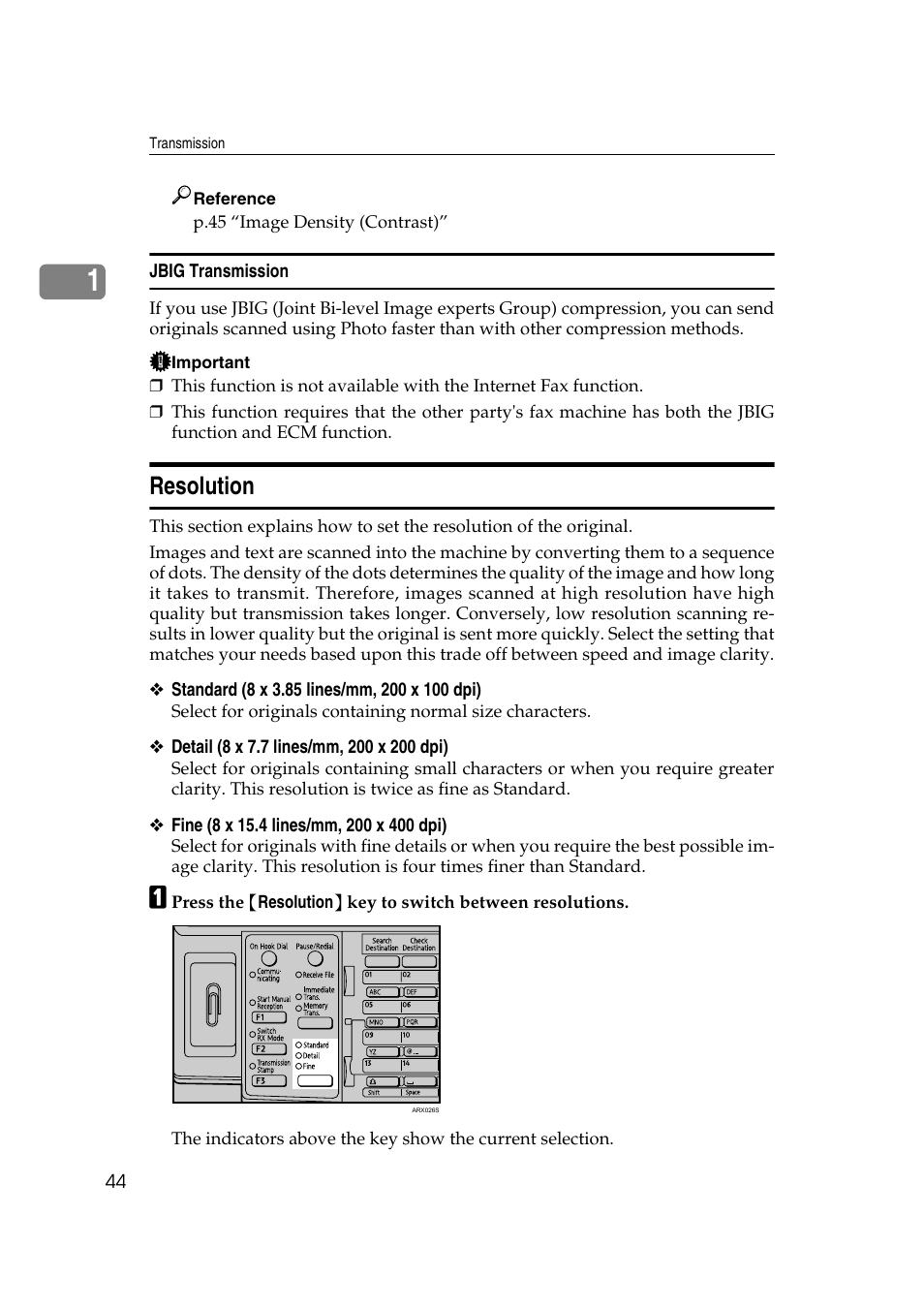 Jbig transmission, Resolution, P.44 “resolution | Ricoh 2000 User Manual | Page 54 / 204
