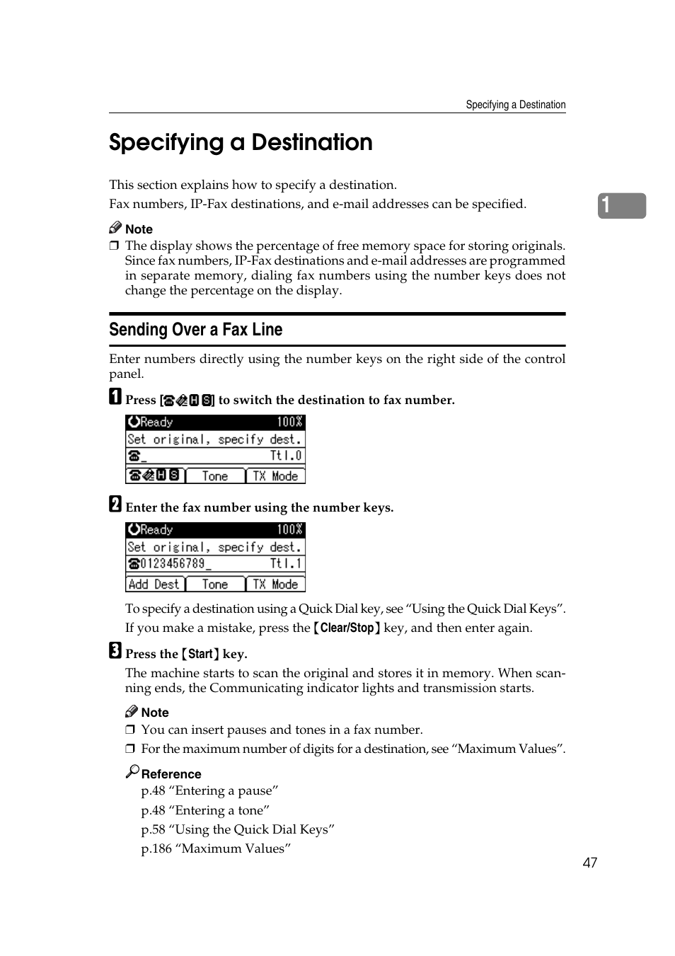 Specifying a destination, Sending over a fax line, P.47 “sending over a fax line | 1specifying a destination | Ricoh 2000 User Manual | Page 57 / 204