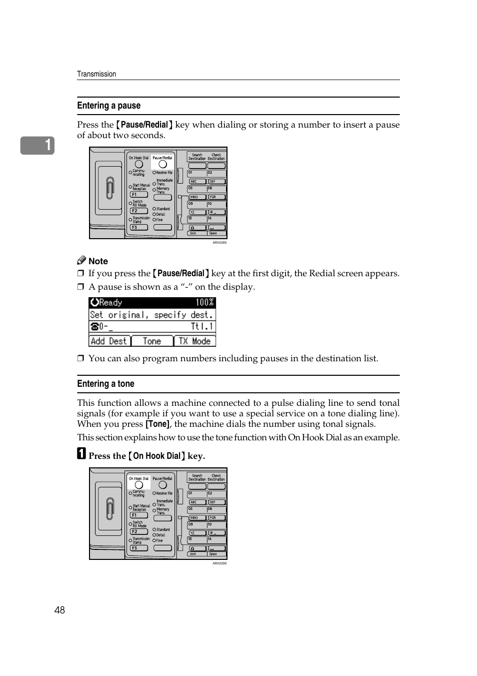 Entering a pause, Entering a tone, Entering a pause entering a tone | Ricoh 2000 User Manual | Page 58 / 204