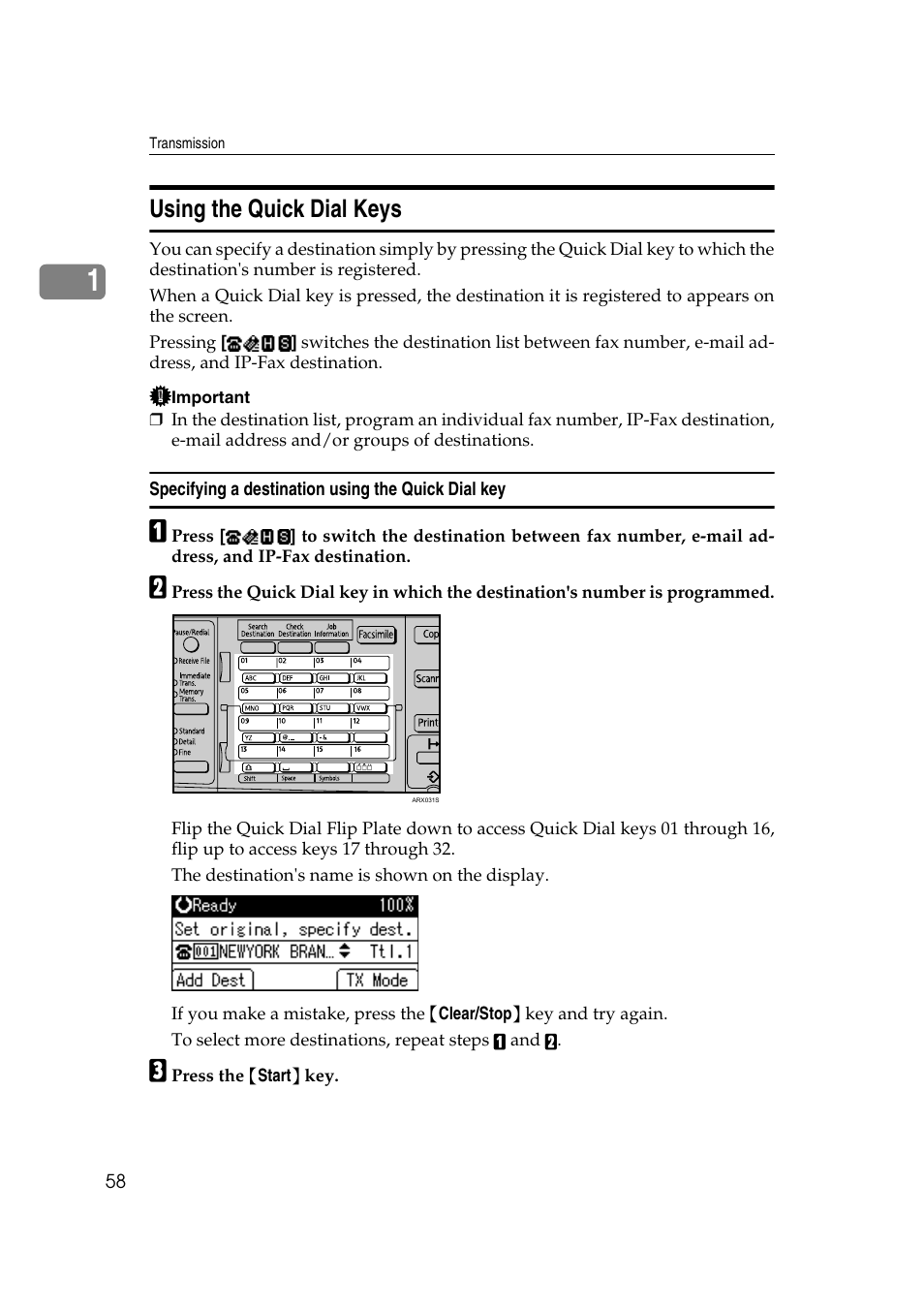 Using the quick dial keys, Specifying a destination using the quick dial key, P.58 “using the quick dial keys | Ricoh 2000 User Manual | Page 68 / 204