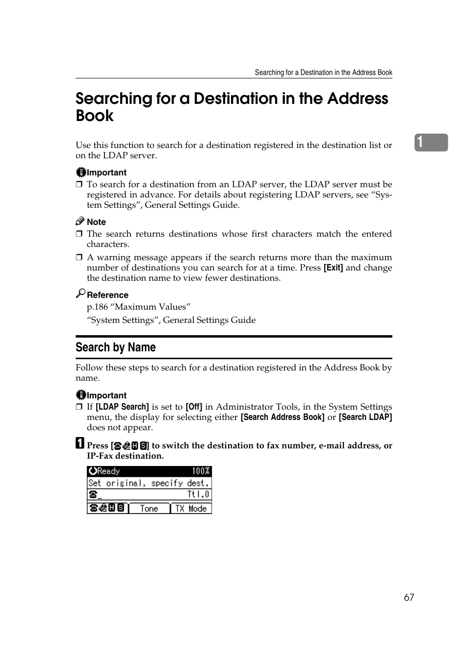 Searching for a destination in the address book, Search by name, 1searching for a destination in the address book | Ricoh 2000 User Manual | Page 77 / 204