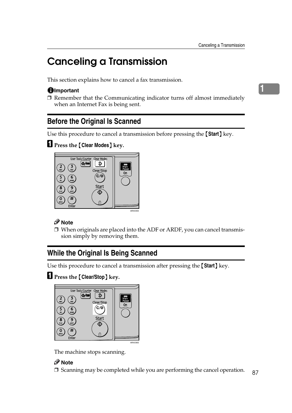 Canceling a transmission, Before the original is scanned, While the original is being scanned | P.87 “canceling a transmission, 1canceling a transmission | Ricoh 2000 User Manual | Page 97 / 204