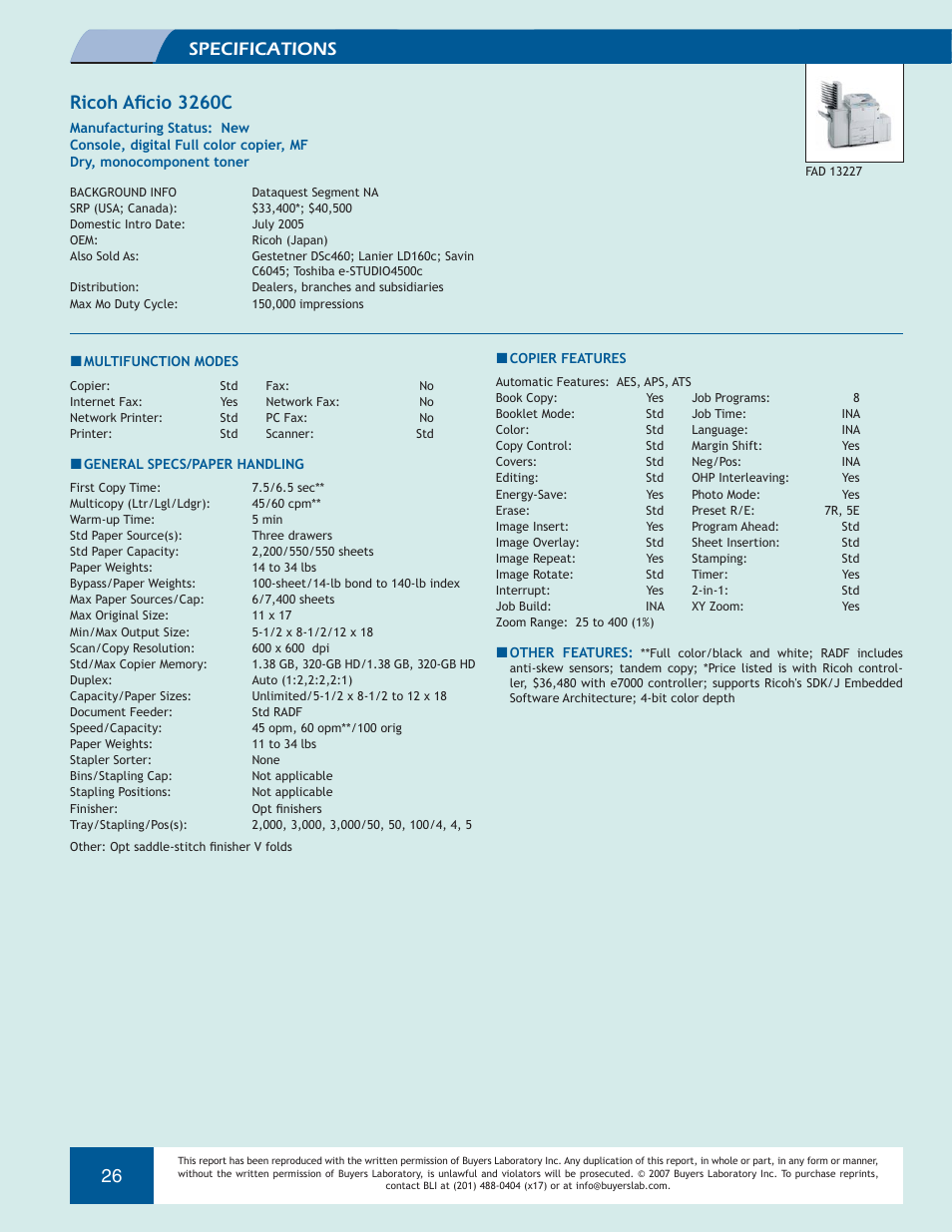 Specifications ricoh aficio 3260c | Ricoh Aficio 3260C User Manual | Page 26 / 28