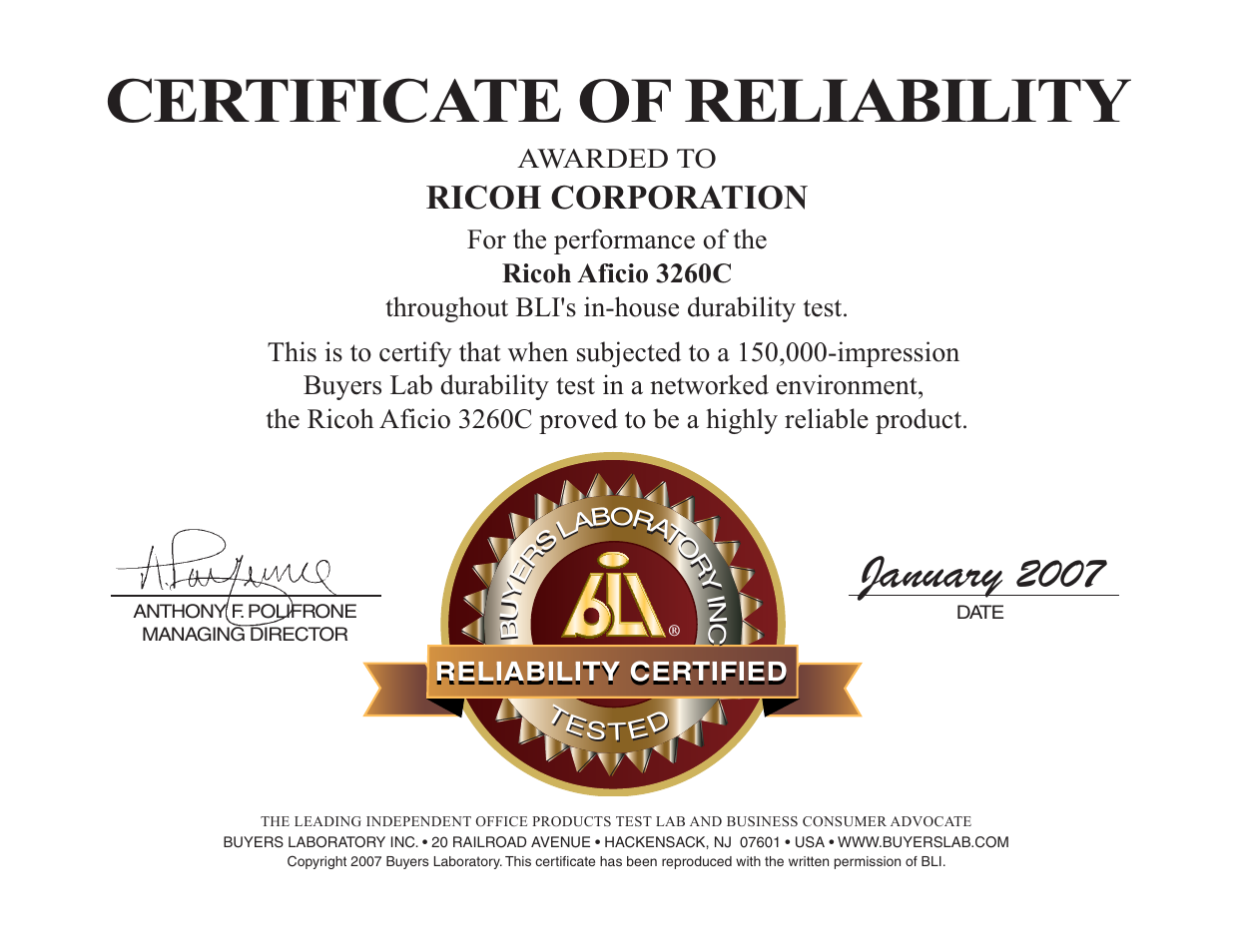 Certificate of reliability, January, Ricoh corporation | Ricoh Aficio 3260C User Manual | Page 28 / 28