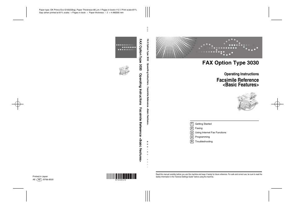 Fax option type 3030, Facsimile reference <basic features, Operating instructions | Ricoh 3030 User Manual | Page 116 / 116
