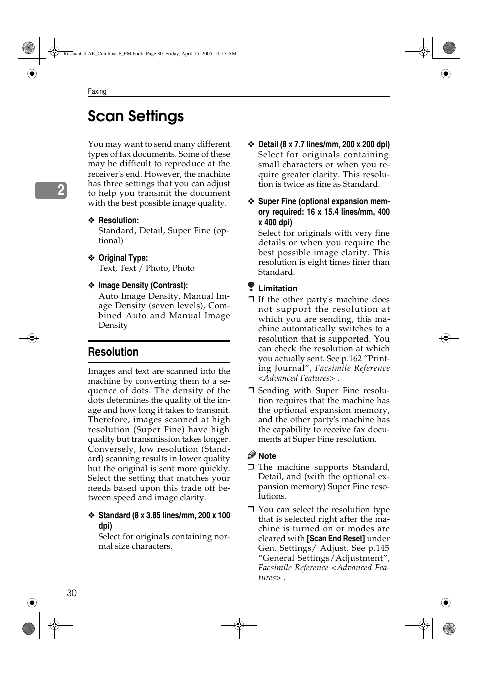 2scan settings, Resolution | Ricoh 3030 User Manual | Page 38 / 116