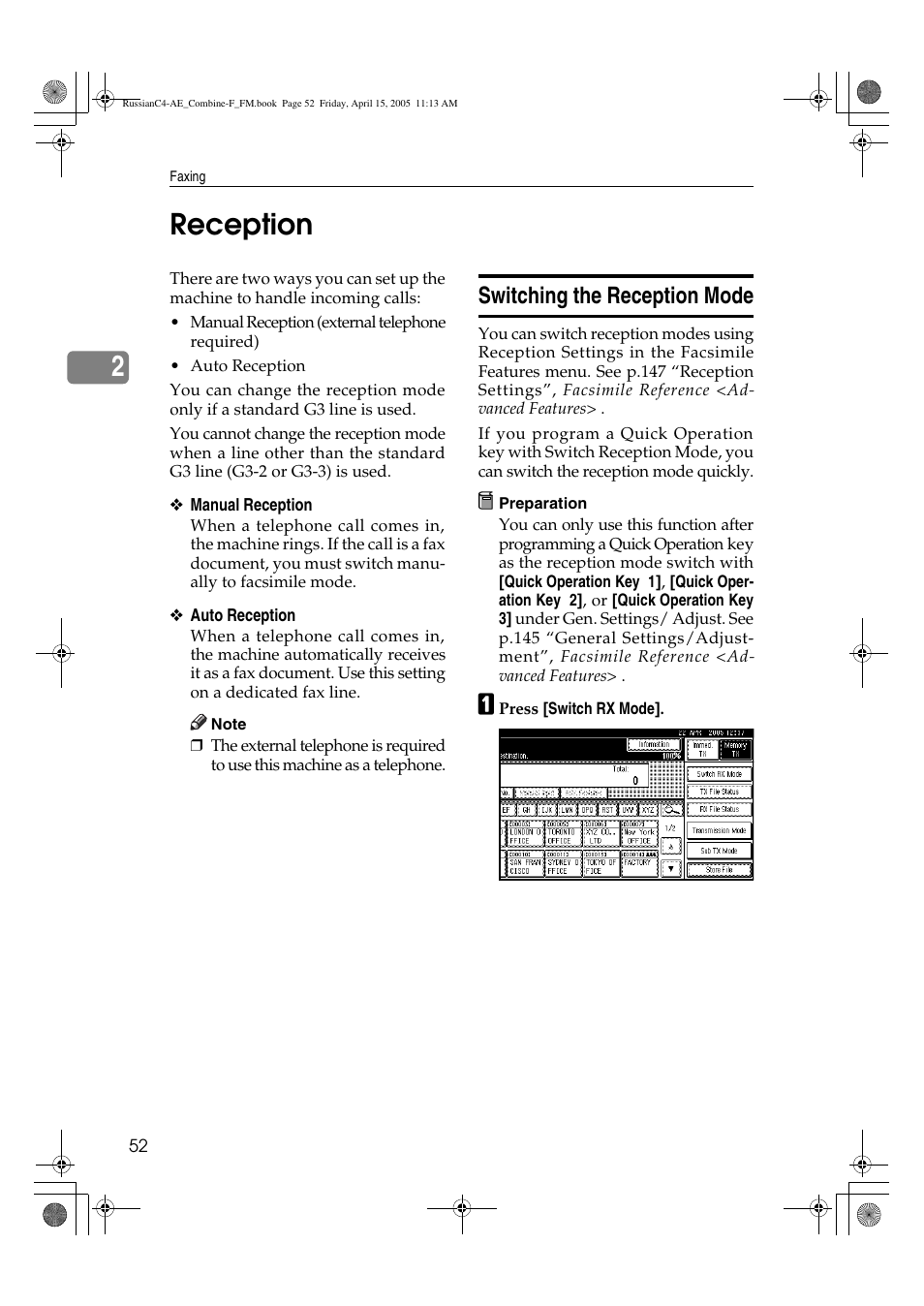 2reception, Switching the reception mode | Ricoh 3030 User Manual | Page 60 / 116