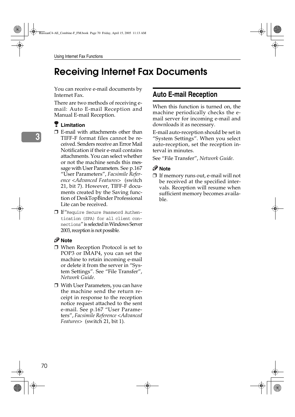 3receiving internet fax documents, Auto e-mail reception | Ricoh 3030 User Manual | Page 78 / 116