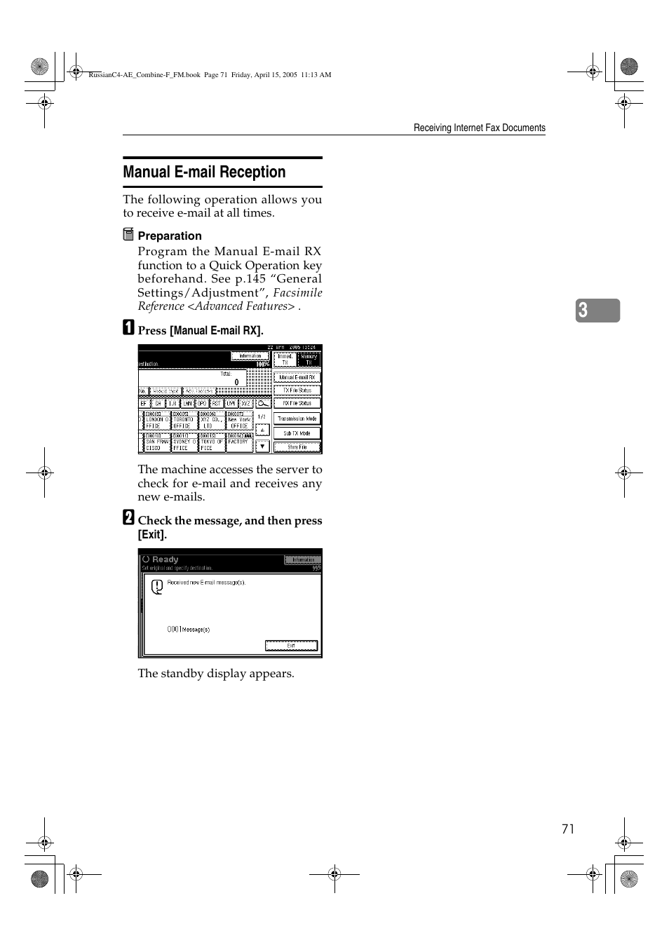 Manual e-mail reception | Ricoh 3030 User Manual | Page 79 / 116