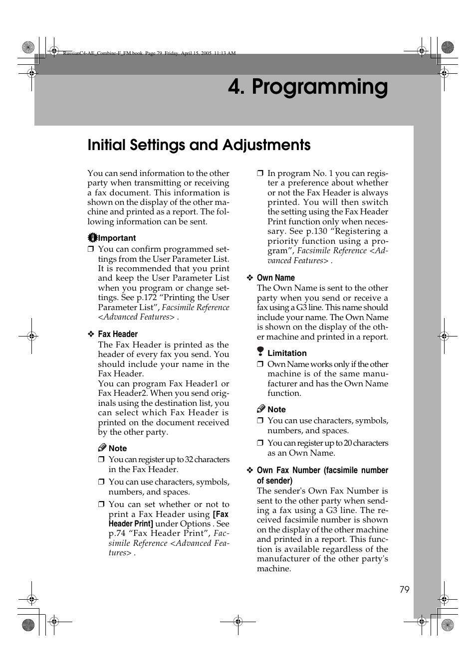 Programming, Initial settings and adjustments | Ricoh 3030 User Manual | Page 87 / 116