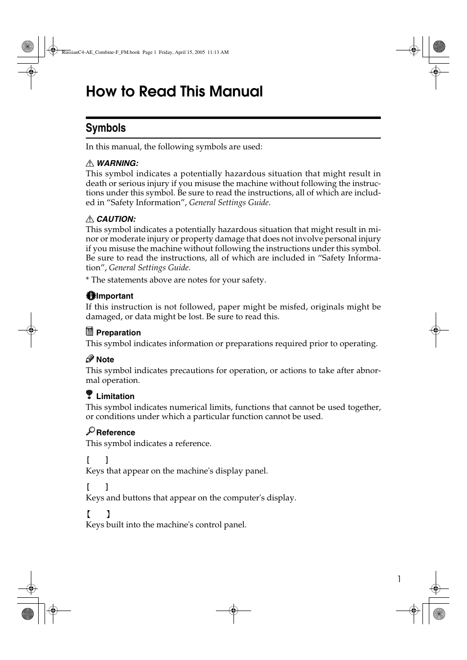 How to read this manual, Symbols | Ricoh 3030 User Manual | Page 9 / 116