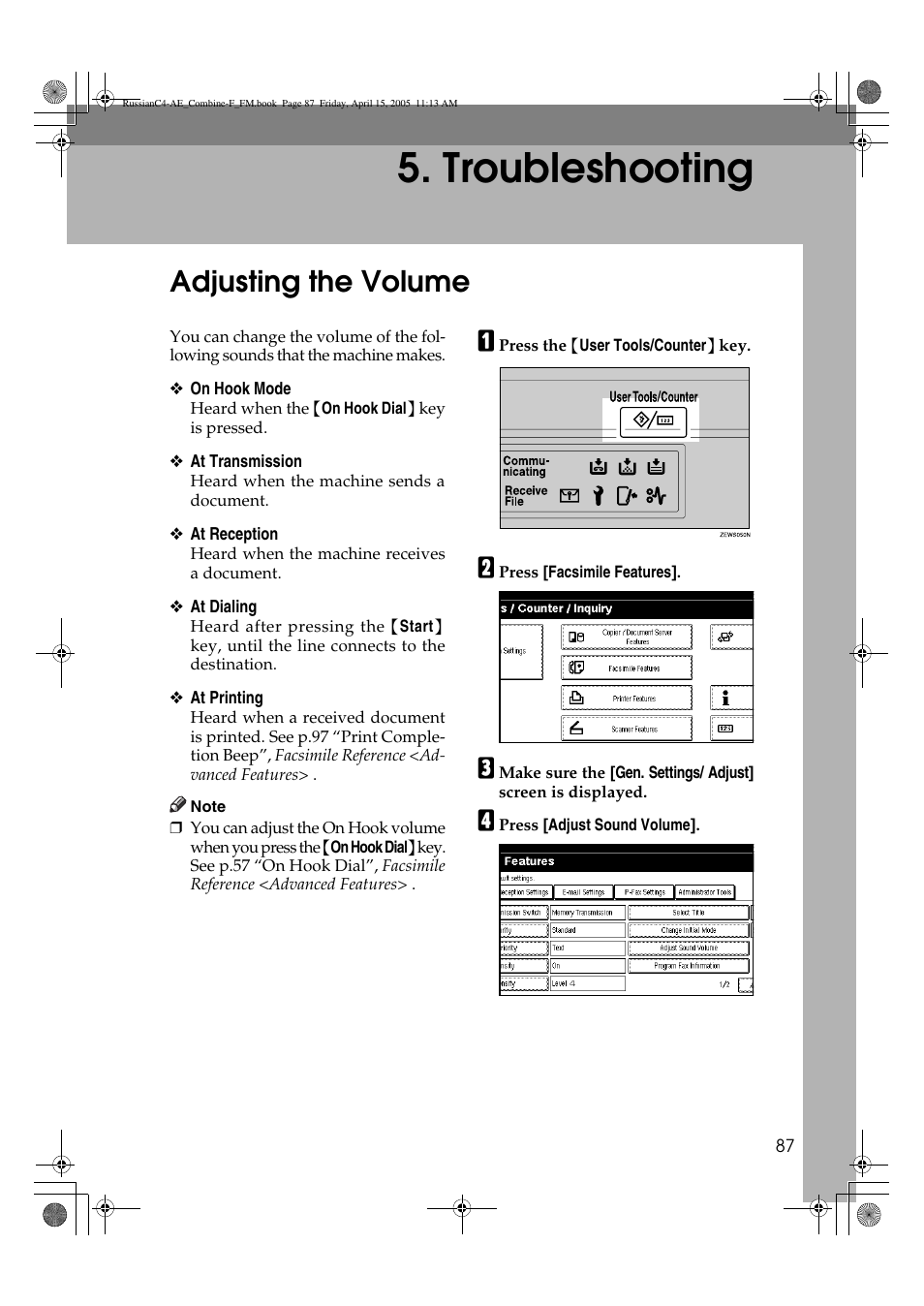 Troubleshooting, Adjusting the volume | Ricoh 3030 User Manual | Page 95 / 116